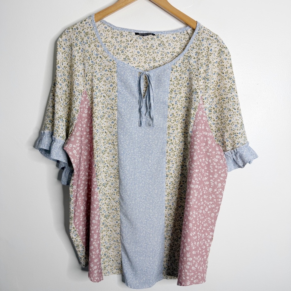 Bloomchic Floral Patchwork Top Boho Cottagecore Ruffle Sleeves Multi 18/20 Flowy - Picture 2 of 8